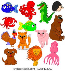 
vector illustration; animals; octopus, fish, crab, squid, pig, bear, cat, dog, turkey, crocodile, hedgehog.