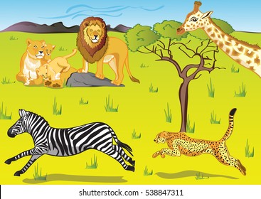 Vector illustration of animals on the African savanna