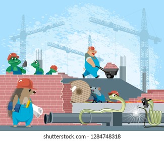 Vector illustration of animals on a construction site
