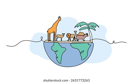 Ilustração vetorial de animais em um globo. Plano moderno em estilo de linha contínua.