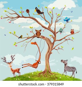 Vector illustration of animals on the tree.Bunch of cute little creatures gathered on the branches of tree