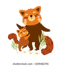 Vector illustration of animals. Red panda mom and baby. Little panda. Lovely hug. Mother's love