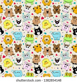 Vector illustration, animals seamless pattern, Different type of cute cartoon animals on white background . It can be print and used as wallpaper, packaging, wrapping paper, fabric and etc. 