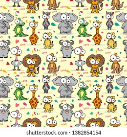 Vector illustration, animals seamless pattern, Different type of cute cartoon animals on white background . It can be print and used as wallpaper, packaging, wrapping paper, fabric and etc. 