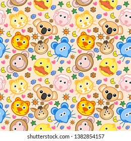 Vector illustration, animals seamless pattern, Different type of cute cartoon animals on white background . It can be print and used as wallpaper, packaging, wrapping paper, fabric and etc. 