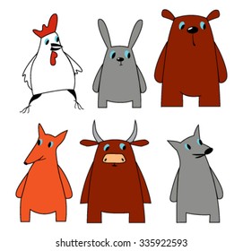 Vector illustration of animals set including bear, wolf, fox, hare, ox, rooster
