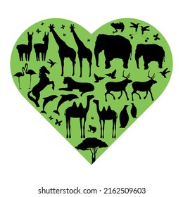 vector illustration of animals silhouettes inside green heart isolated on white