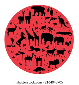 Vector illustration of animals silhouettes inside red sphere isolated on white background