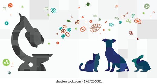 vector illustration of animals and viruses and microscope for infection testing and clinical trials