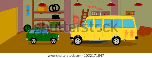 Vector illustration.\
The animated background of the garage, in the garage for the repair\
of school bus and SUV
