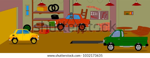 Vector illustration. The animated\
background of the garage, the garage for repairs a few\
cars