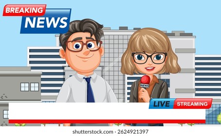 Vector illustration of animated news anchors reporting live. Features vibrant colors and a modern, professional style