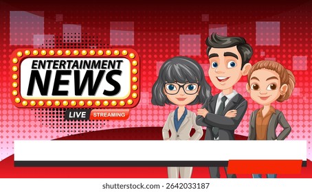Vector illustration of animated news anchors on a vibrant red background, featuring bold typography and dynamic composition
