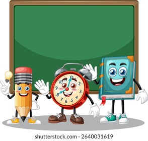 Vector illustration of animated school supplies with a blackboard backdrop. Bright colors and playful expressions enhance educational themes