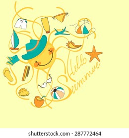 Vector illustration of animated sun with long rays, set for fun in the sun.