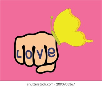 vector illustration of animation, human fist with butterfly