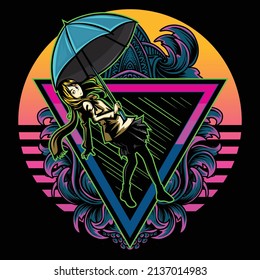 Vector illustration of anime character carrying umbrella