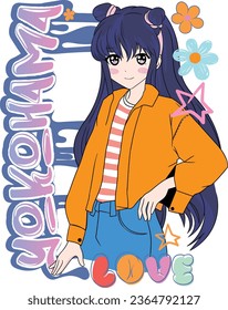 Vector illustration of anime character with city name 'Yokohoma', manga style