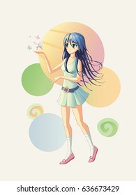 Vector illustration of an anime girl with butterflies flying around her hand.