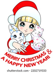 Vector illustration of an anime girl dressed as Santa hugging a kitten and a rabbit. An inscription in a 
semicircle at the bottom - Merry Christmas and Happy New Year!