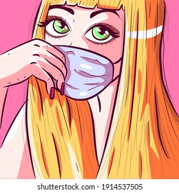 Vector illustration of an anime girl wearing a protective medical mask. Lolita manga doll with blonde hair protecting herself against germs and viruses. 