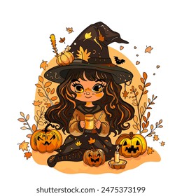 Vector illustration of an anime girl in a witch hat. Halloween party. lantern Jack o'Lantern