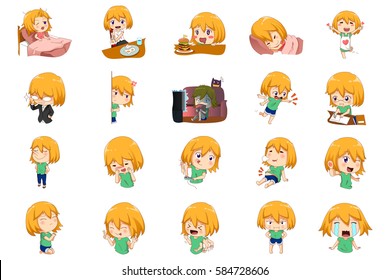 A vector illustration of Anime Manga Girl doing different activities and different expressions