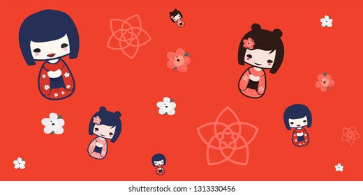 Ilustración vectorial de anime, manga y eventos culturales japoneses: El modelo rojo sin foco de la muñeca Kokeshi. Anime se llamaba Kokeshi Girl.