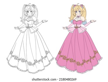Vector illustration of anime princess with blonde hair standing and wearing pink ball dress. Contour picture for coloring book.
