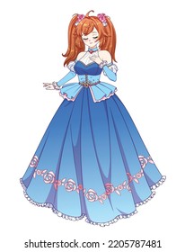 Vector illustration of anime princess with red hair standing and wearing blue ball dress. Contour picture for coloring book.