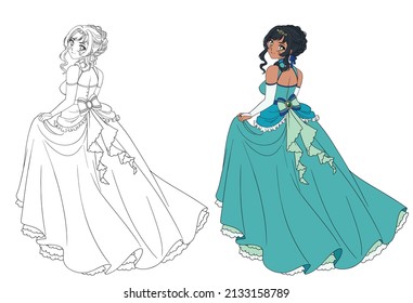 Imagen vectorial de la princesa de anime de pie y llevando vestido de pelota. Imagen de contorno para libro de coloreo.