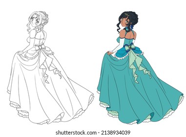 Imagen vectorial de la princesa de anime de pie y llevando vestido de pelota. Imagen de contorno para libro de coloreo.