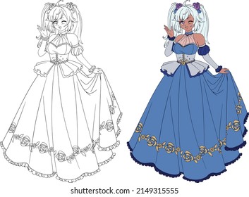 Vector Illustration Of Anime Princess Standing And Holding Skirt. Contour Picture For Coloring Book.