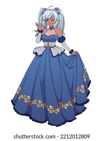 Vector illustration of anime princess standing and holding skirt. Contour picture for coloring book.