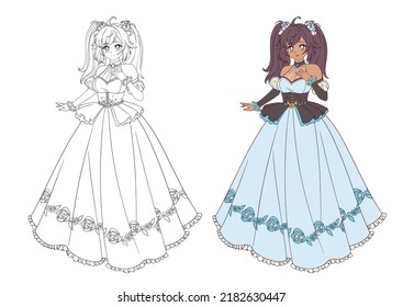 Vector illustration of anime princess with tan skin, brown hair standing and wearing blue ball dress. Contour picture for coloring book.
