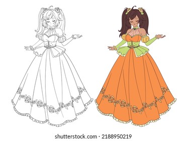 Vector illustration of anime princess with tan skin, brown hair standing and wearing orange ball dress. Contour picture for coloring book.