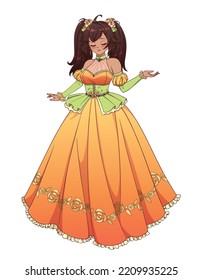Vector illustration of anime princess with tan skin, brown hair standing and wearing orange ball dress. Contour picture for coloring book.