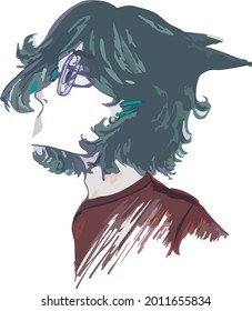 Vector illustration in anime style. Freehand sketch of a girl in glasses and a sweater. Teenager with trendy haircut