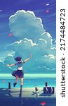 vector illustration in an anime style of a japanese high school girl is performing a dance for a stray cat at the habour with the background of a beautiful blue sky with big clouds