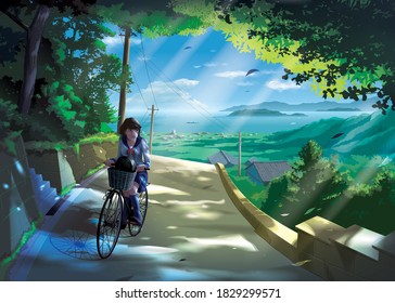 ilustración vectorial en un estilo anime de una estudiante japonesa montando una bicicleta en una carretera en el campo