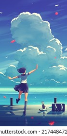 vector illustration in an anime style of a japanese high school girl is performing a dance for a stray cat at the habour with the background of a beautiful blue sky with big clouds