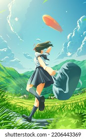 vector illustration in the anime style of a Japanese school girl is running happily to home in the countryside with a zeppelin flying in the sky