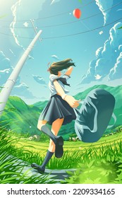 vector illustration in the anime style of a Japanese school girl is running happily to home in the countryside and seeing the balloon attached with letter envelope.