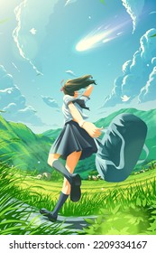 vector illustration in the anime style of a Japanese school girl is running happily home in the countryside and notices the falling of a massive comet into the earth's atmosphere