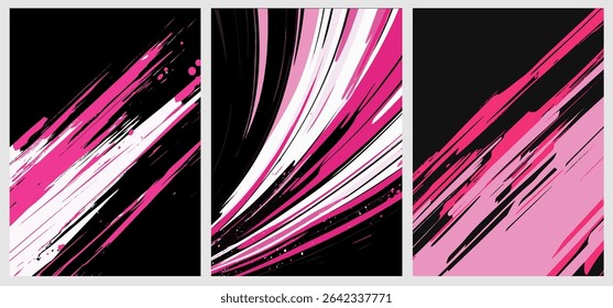 A ilustração vetorial em estilo anime mostra traçados rosa, preto e branco dinâmicos e arrojados em painéis verticais. Fundo energético e moderno com formas nítidas e fluidas e contraste vívido.