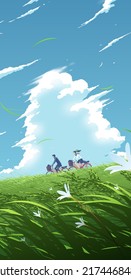 Vector Illustration In An Anime Style For A Smartphone Wallpaper Of High School Students Cycling Bicycles Down The Hill Under The Bright Blue Sky