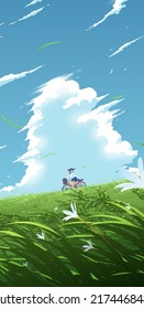 vector illustration in an anime style for a smartphone wallpaper of a school girl cycling a bicycle down the hill under the bright blue sky