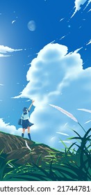 vector illustration in an anime style for a smartphone wallpaper of a japanese high school girl waving on a hill under the bright blue sky with the moon