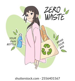 Vector Illustration of Anime Style Zero Waste Concept with Transparent Background, Featuring a Girl with Reusable Bag and Bottle.