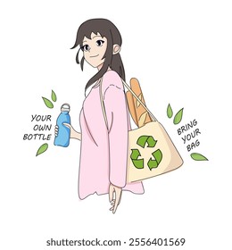 Vector Illustration of Anime Style Zero Waste Concept with Transparent Background, Featuring a Girl with Reusable Bag and Bottle.